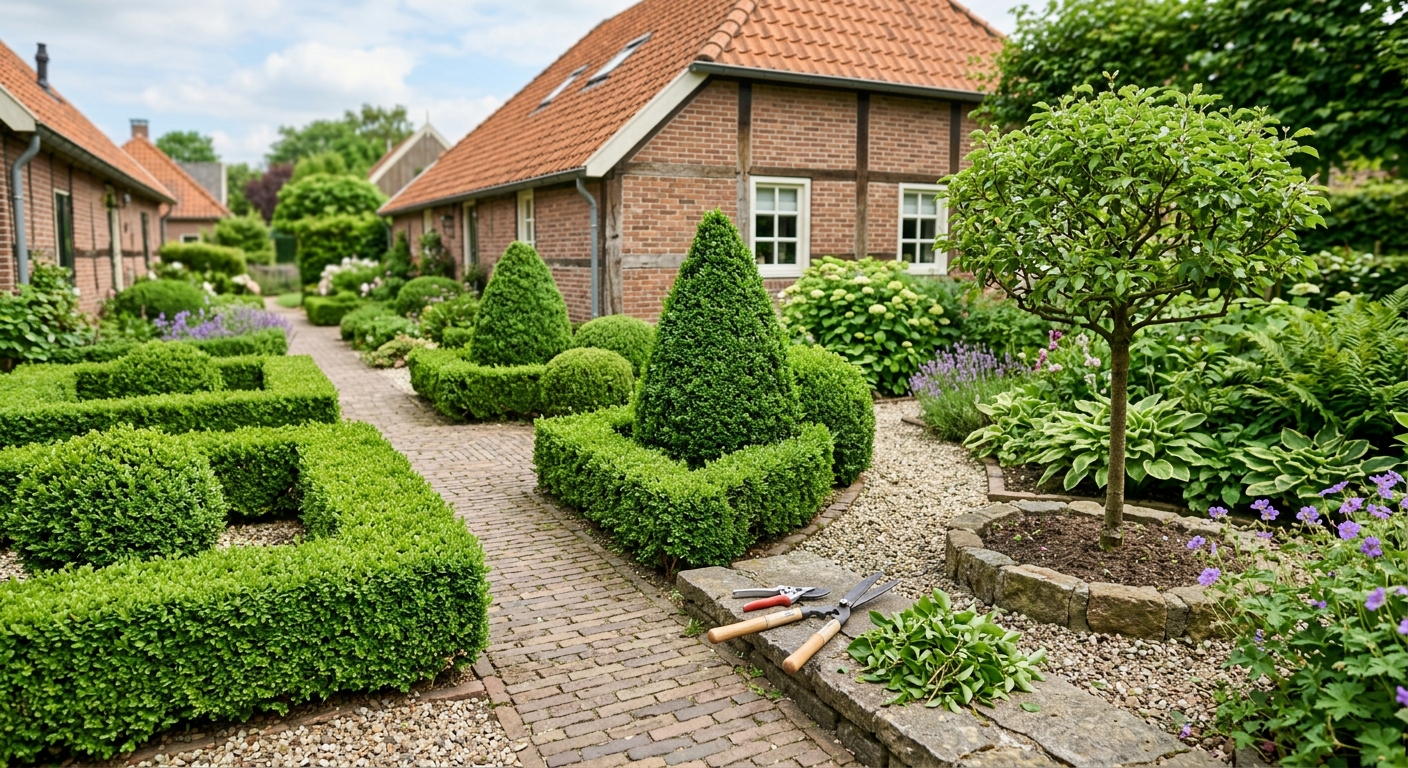 Afgewerkte tuin met groene beplanting en zithoek